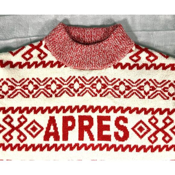 Holiday Après Ski Sweater Womens L New Day Red Cream Sparkle Fair Isle Chunky - Picture 2 of 10